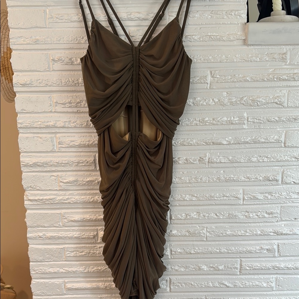 Michael Costello Brown Gold Ruched Bodycon Dress